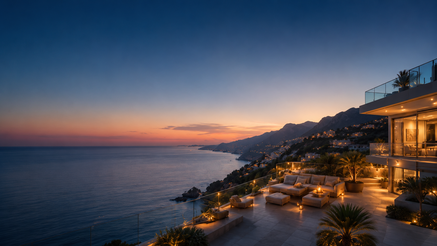 Luxury Mediterranean coast villa at sunset